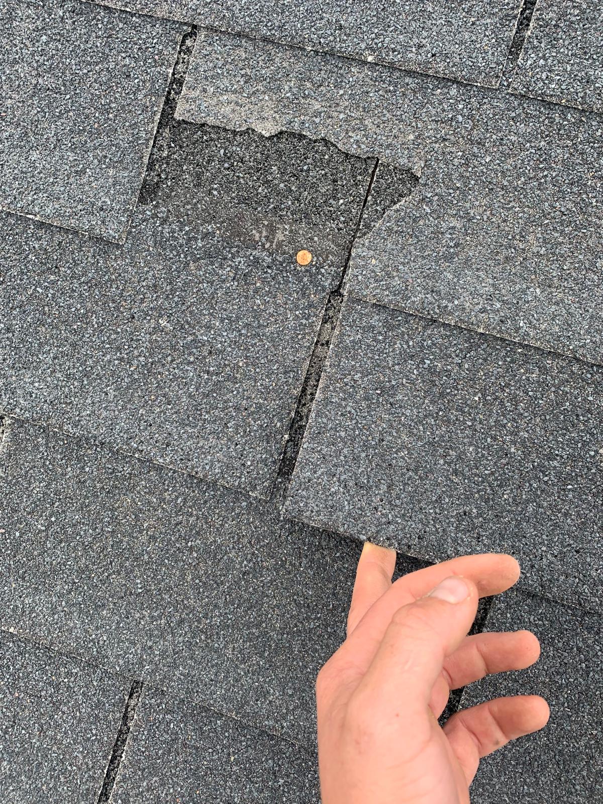 Lifted curling shingles indicating roof damage repair