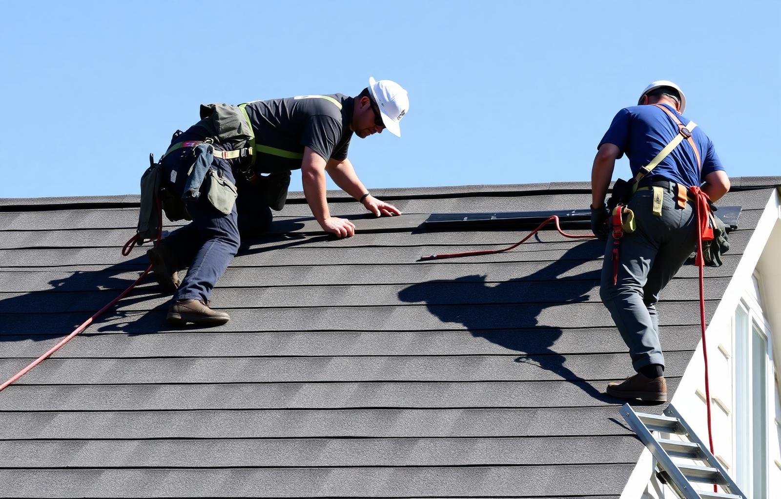 Roofing crew inspecting and installing new roof